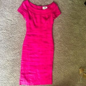 Nicole Miller Atelier Hot Pink Midi Dress Off the Shoulder Size 2! Rare!